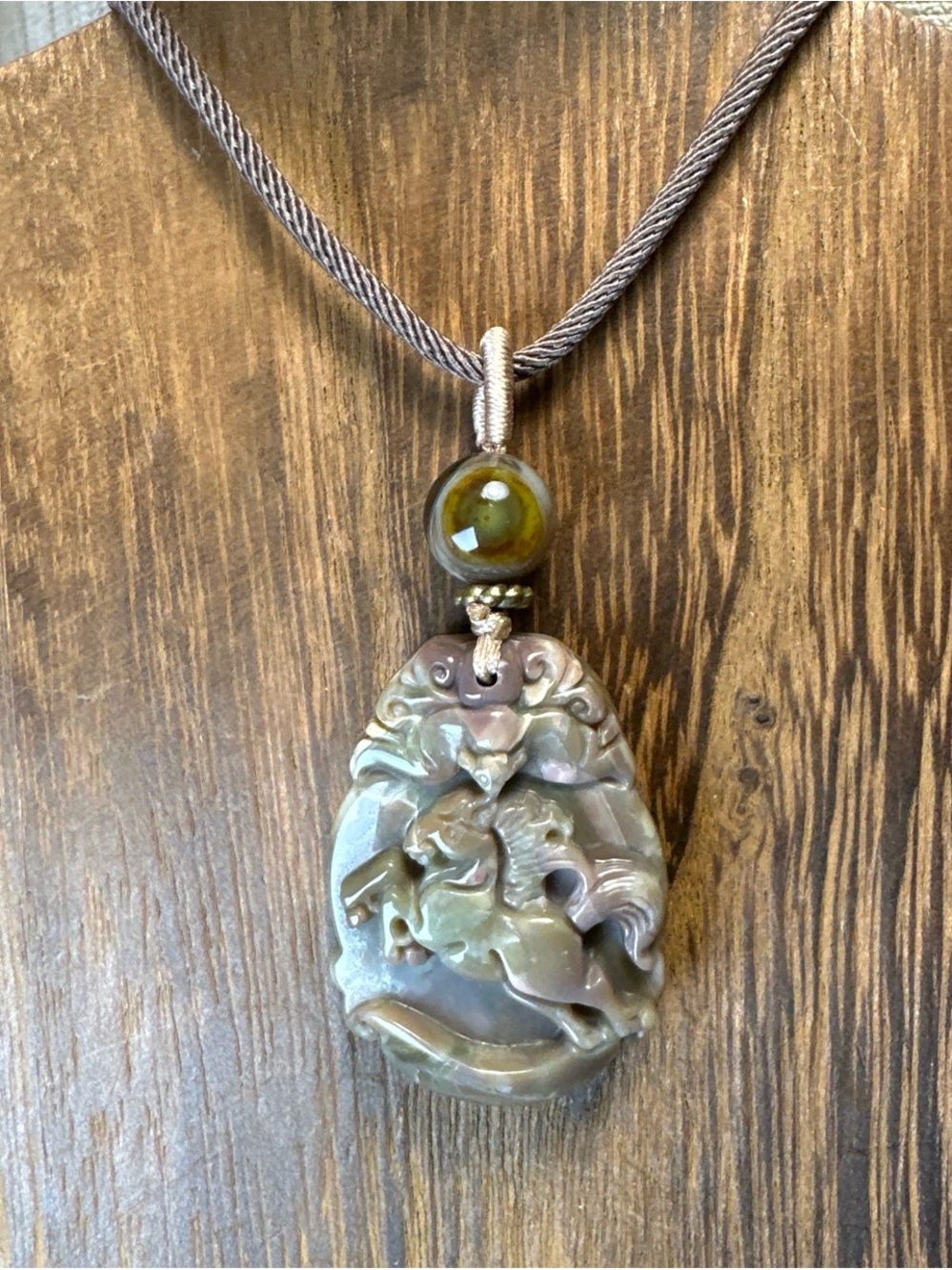 Alashan Agate Horse Carving Pendant Necklace on Brown Rope - Picture 2 of 16
